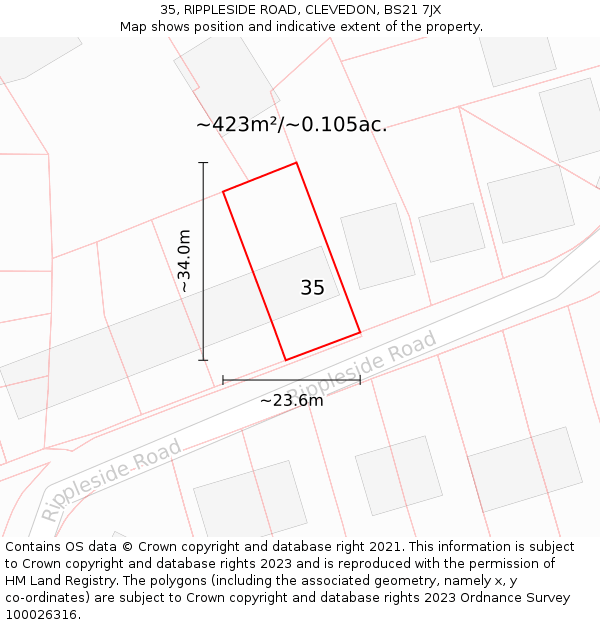 35, RIPPLESIDE ROAD, CLEVEDON, BS21 7JX: Plot and title map