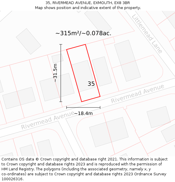 35, RIVERMEAD AVENUE, EXMOUTH, EX8 3BR: Plot and title map