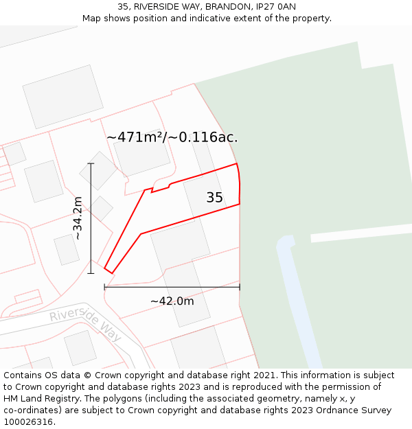 35, RIVERSIDE WAY, BRANDON, IP27 0AN: Plot and title map