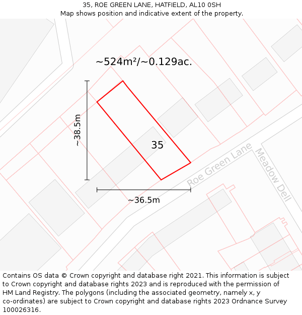 35, ROE GREEN LANE, HATFIELD, AL10 0SH: Plot and title map