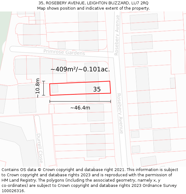 35, ROSEBERY AVENUE, LEIGHTON BUZZARD, LU7 2RQ: Plot and title map