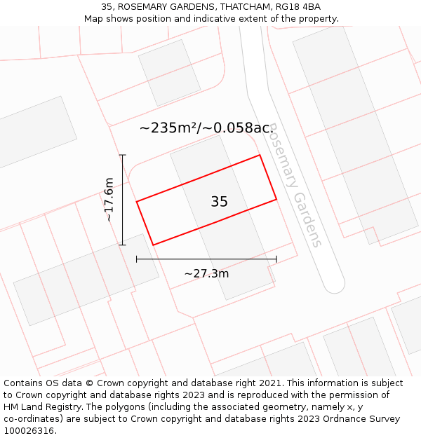 35, ROSEMARY GARDENS, THATCHAM, RG18 4BA: Plot and title map