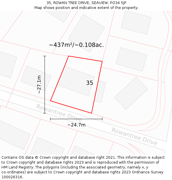 35, ROWAN TREE DRIVE, SEAVIEW, PO34 5JP: Plot and title map