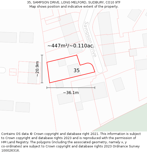 35, SAMPSON DRIVE, LONG MELFORD, SUDBURY, CO10 9TF: Plot and title map