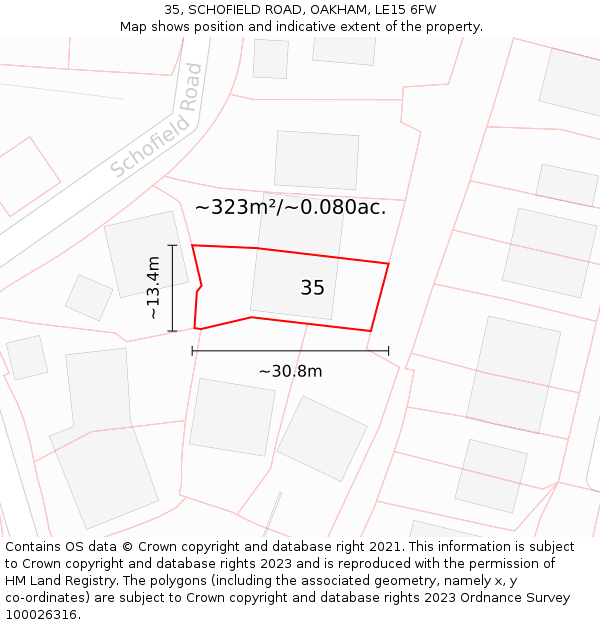 35, SCHOFIELD ROAD, OAKHAM, LE15 6FW: Plot and title map