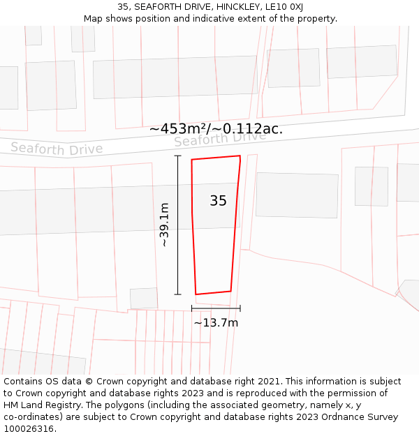 35, SEAFORTH DRIVE, HINCKLEY, LE10 0XJ: Plot and title map