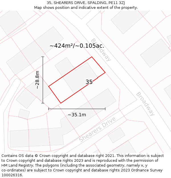 35, SHEARERS DRIVE, SPALDING, PE11 3ZJ: Plot and title map