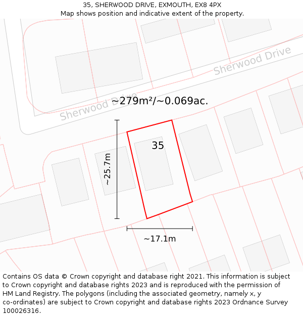 35, SHERWOOD DRIVE, EXMOUTH, EX8 4PX: Plot and title map