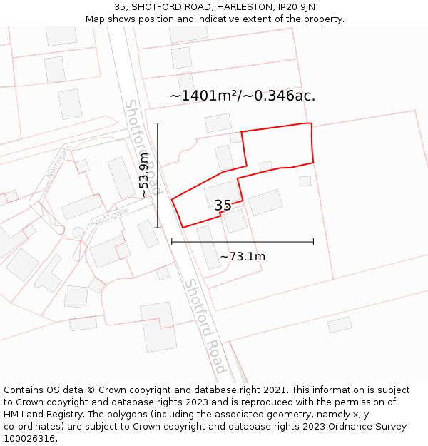 35, SHOTFORD ROAD, HARLESTON, IP20 9JN: Plot and title map