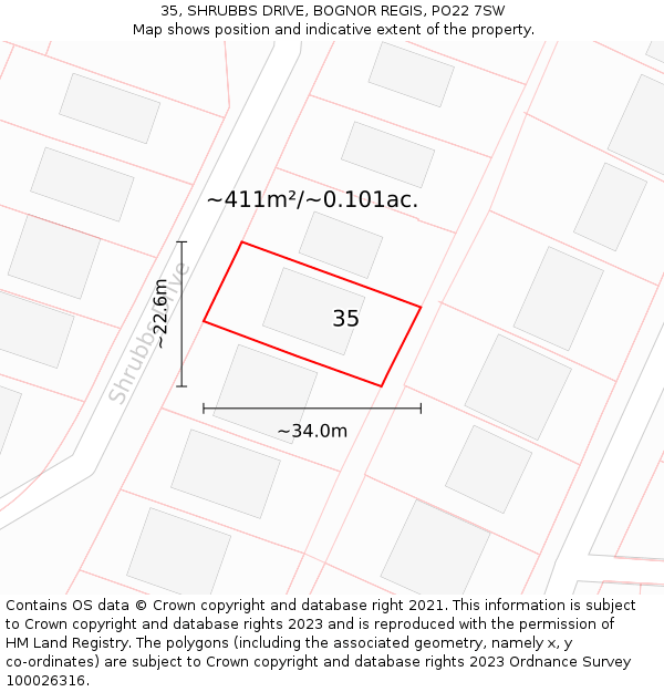 35, SHRUBBS DRIVE, BOGNOR REGIS, PO22 7SW: Plot and title map