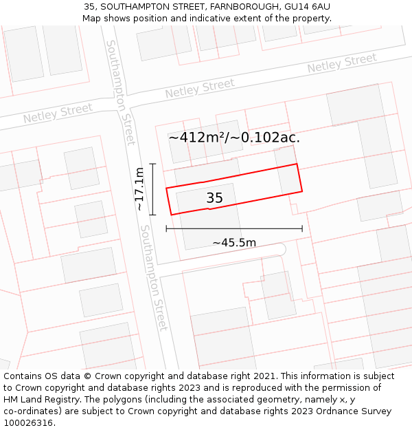 35, SOUTHAMPTON STREET, FARNBOROUGH, GU14 6AU: Plot and title map