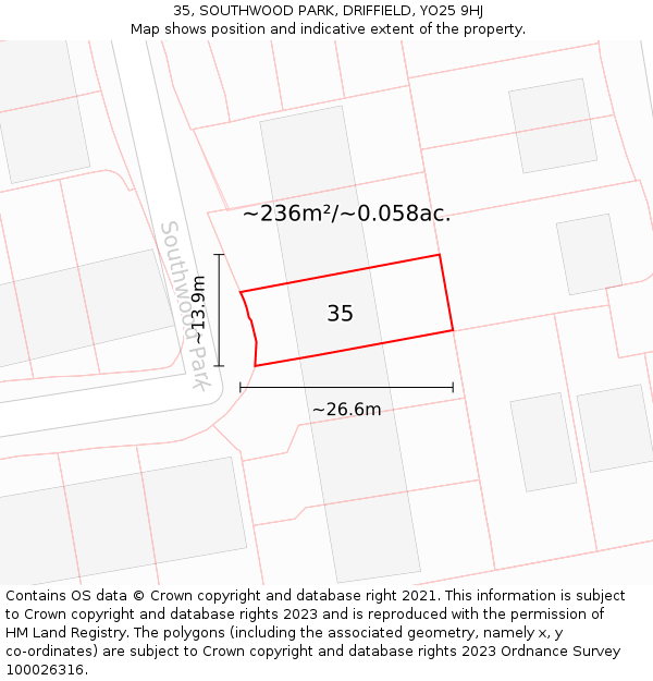 35, SOUTHWOOD PARK, DRIFFIELD, YO25 9HJ: Plot and title map