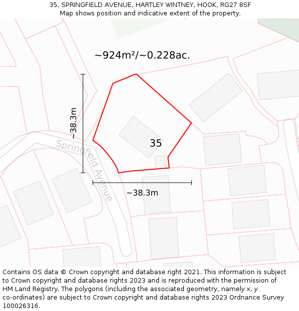 35, SPRINGFIELD AVENUE, HARTLEY WINTNEY, HOOK, RG27 8SF: Plot and title map