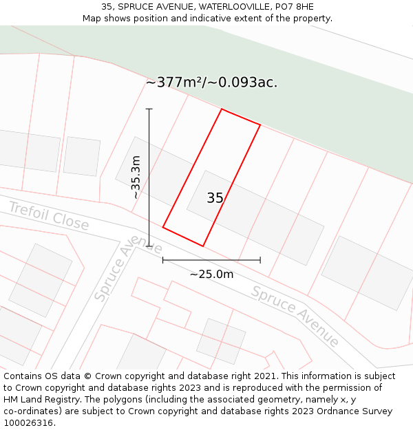 35, SPRUCE AVENUE, WATERLOOVILLE, PO7 8HE: Plot and title map