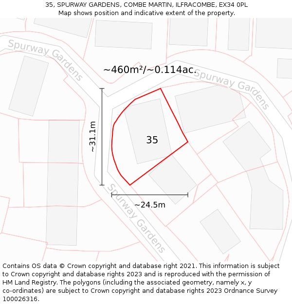 35, SPURWAY GARDENS, COMBE MARTIN, ILFRACOMBE, EX34 0PL: Plot and title map