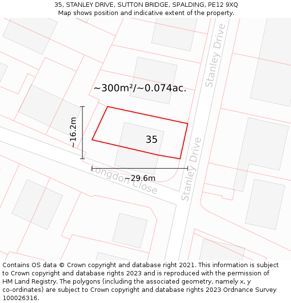 35, STANLEY DRIVE, SUTTON BRIDGE, SPALDING, PE12 9XQ: Plot and title map