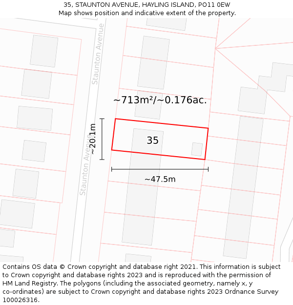 35, STAUNTON AVENUE, HAYLING ISLAND, PO11 0EW: Plot and title map