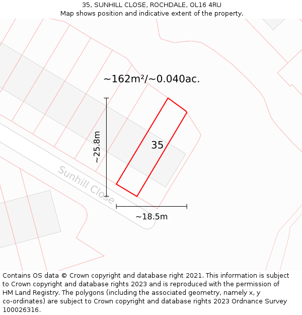 35, SUNHILL CLOSE, ROCHDALE, OL16 4RU: Plot and title map