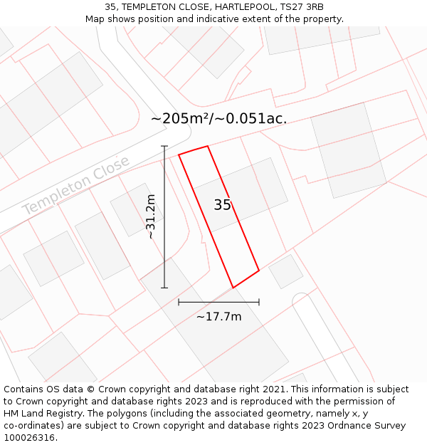 35, TEMPLETON CLOSE, HARTLEPOOL, TS27 3RB: Plot and title map