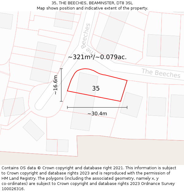 35, THE BEECHES, BEAMINSTER, DT8 3SL: Plot and title map