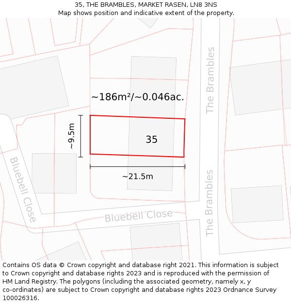 35, THE BRAMBLES, MARKET RASEN, LN8 3NS: Plot and title map