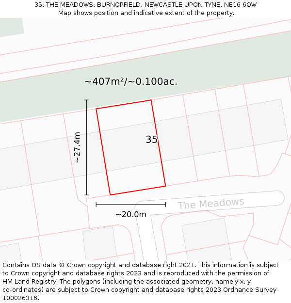 35, THE MEADOWS, BURNOPFIELD, NEWCASTLE UPON TYNE, NE16 6QW: Plot and title map