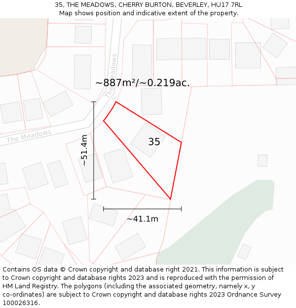 35, THE MEADOWS, CHERRY BURTON, BEVERLEY, HU17 7RL: Plot and title map