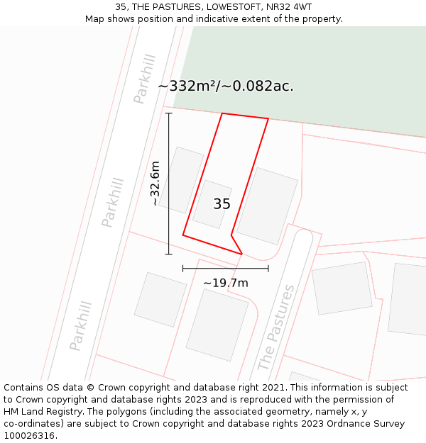 35, THE PASTURES, LOWESTOFT, NR32 4WT: Plot and title map