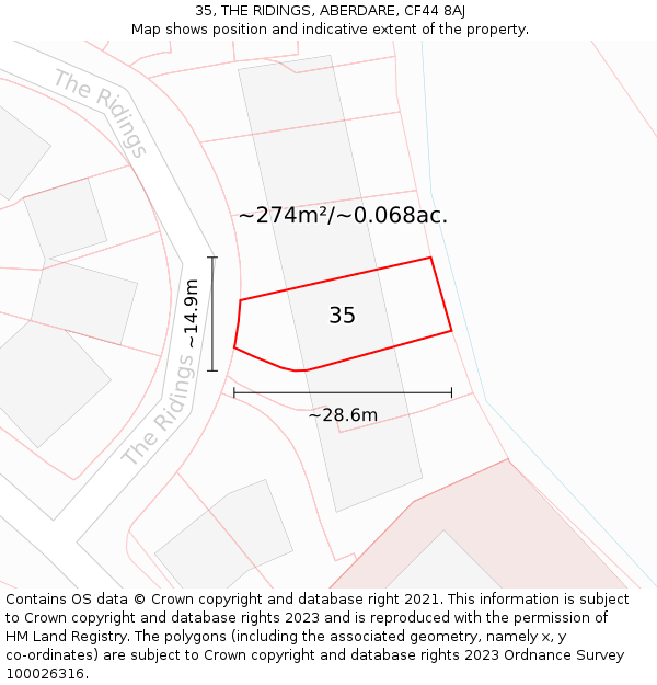 35, THE RIDINGS, ABERDARE, CF44 8AJ: Plot and title map