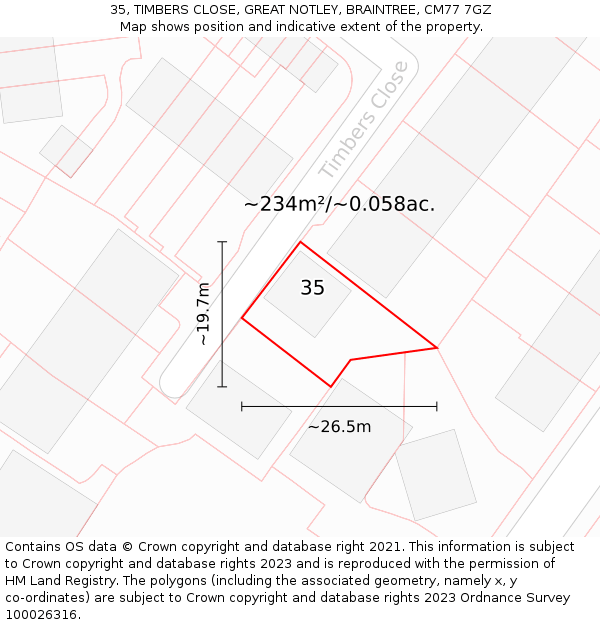 35, TIMBERS CLOSE, GREAT NOTLEY, BRAINTREE, CM77 7GZ: Plot and title map