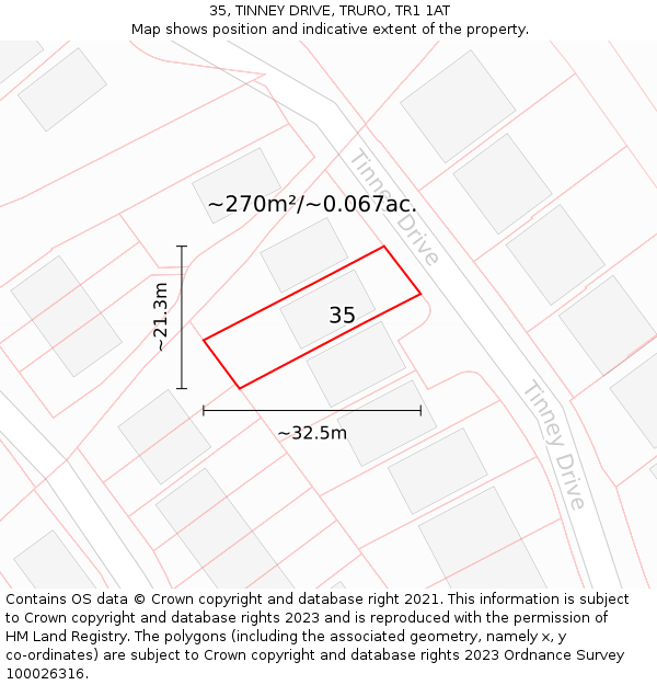 35, TINNEY DRIVE, TRURO, TR1 1AT: Plot and title map