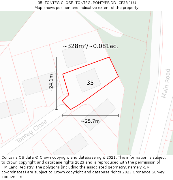 35, TONTEG CLOSE, TONTEG, PONTYPRIDD, CF38 1LU: Plot and title map