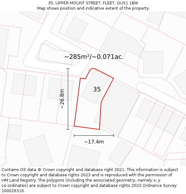 35, UPPER MOUNT STREET, FLEET, GU51 1BW: Plot and title map