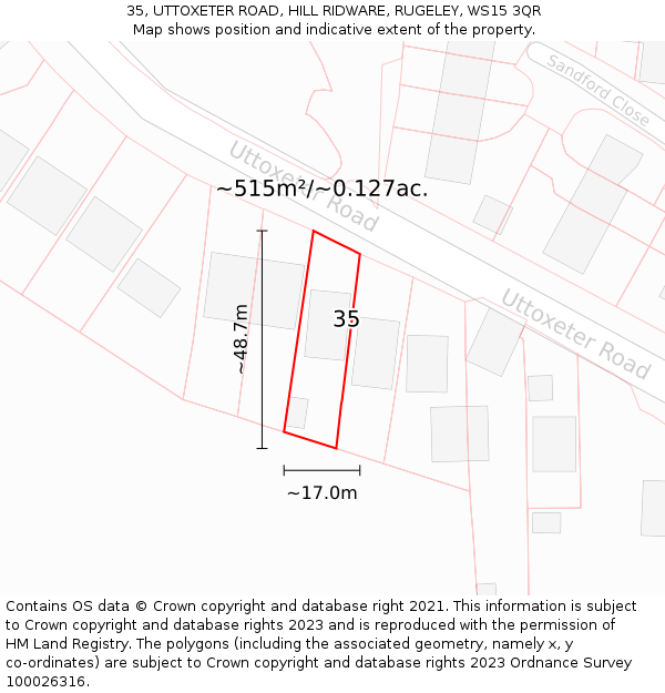 35, UTTOXETER ROAD, HILL RIDWARE, RUGELEY, WS15 3QR: Plot and title map