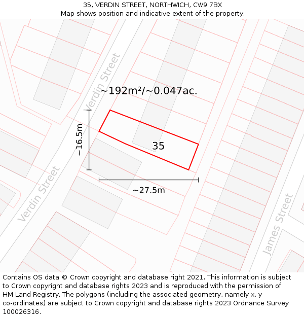 35, VERDIN STREET, NORTHWICH, CW9 7BX: Plot and title map