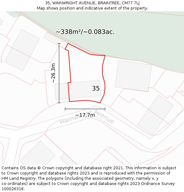 35, WAINWRIGHT AVENUE, BRAINTREE, CM77 7LJ: Plot and title map