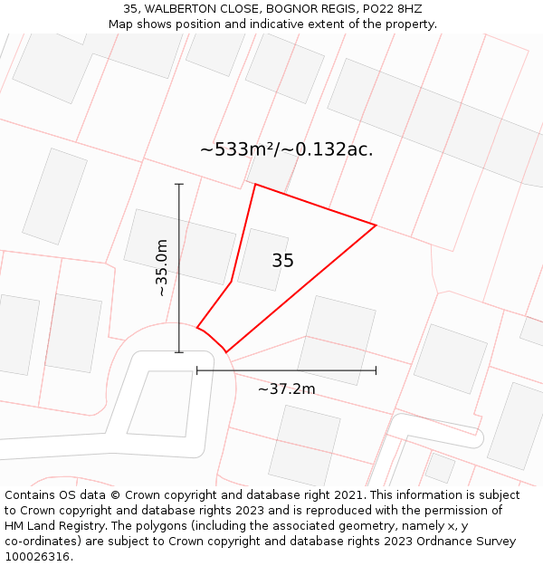 35, WALBERTON CLOSE, BOGNOR REGIS, PO22 8HZ: Plot and title map