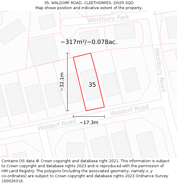 35, WALDORF ROAD, CLEETHORPES, DN35 0QD: Plot and title map