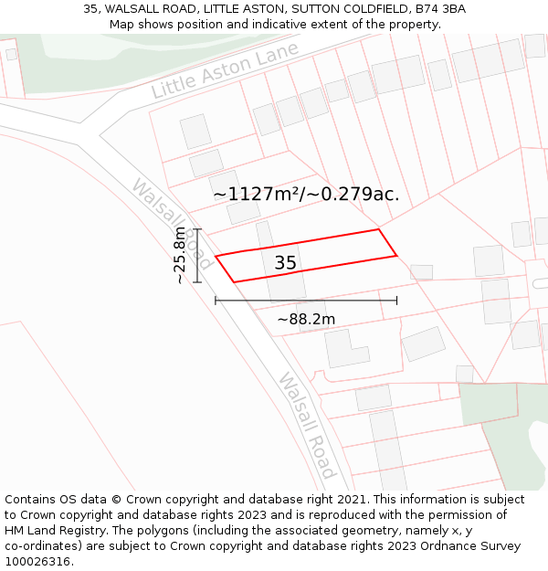 35, WALSALL ROAD, LITTLE ASTON, SUTTON COLDFIELD, B74 3BA: Plot and title map