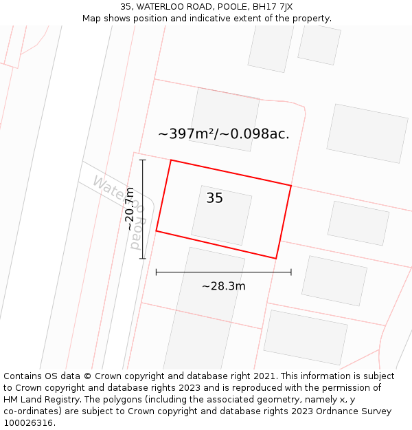 35, WATERLOO ROAD, POOLE, BH17 7JX: Plot and title map