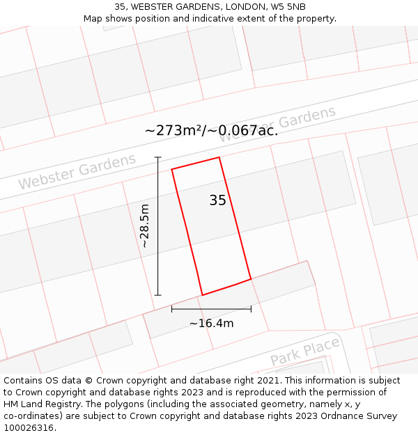 35, WEBSTER GARDENS, LONDON, W5 5NB: Plot and title map