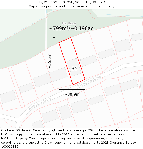 35, WELCOMBE GROVE, SOLIHULL, B91 1PD: Plot and title map