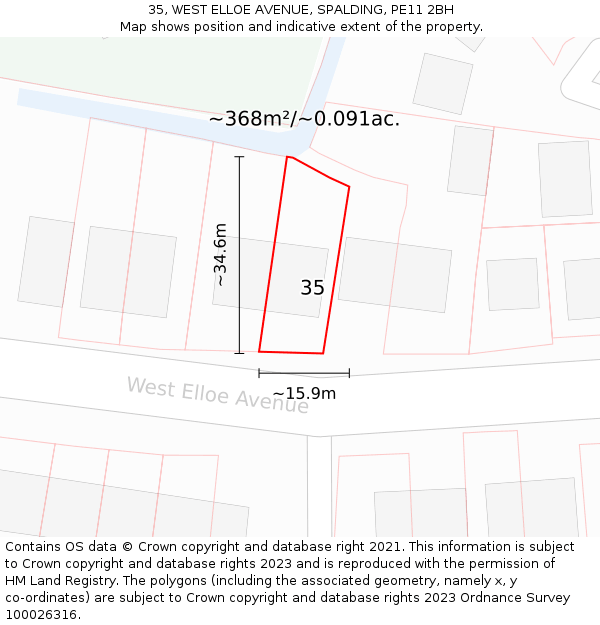 35, WEST ELLOE AVENUE, SPALDING, PE11 2BH: Plot and title map