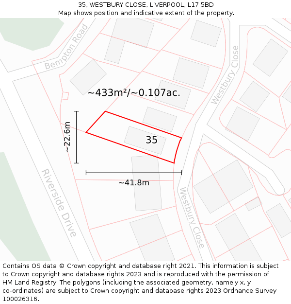 35, WESTBURY CLOSE, LIVERPOOL, L17 5BD: Plot and title map