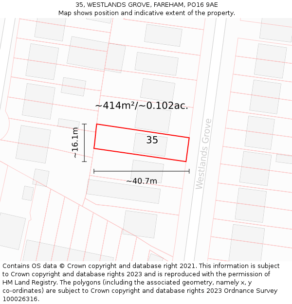 35, WESTLANDS GROVE, FAREHAM, PO16 9AE: Plot and title map