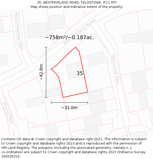 35, WESTMORLAND ROAD, FELIXSTOWE, IP11 9TF: Plot and title map