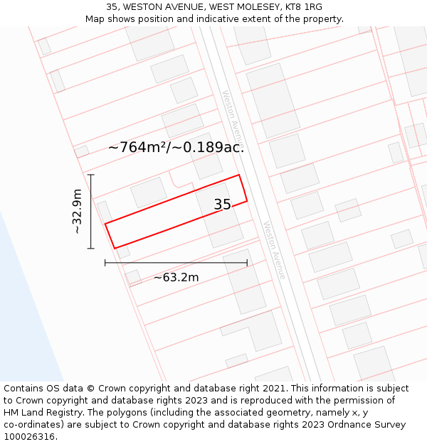 35, WESTON AVENUE, WEST MOLESEY, KT8 1RG: Plot and title map