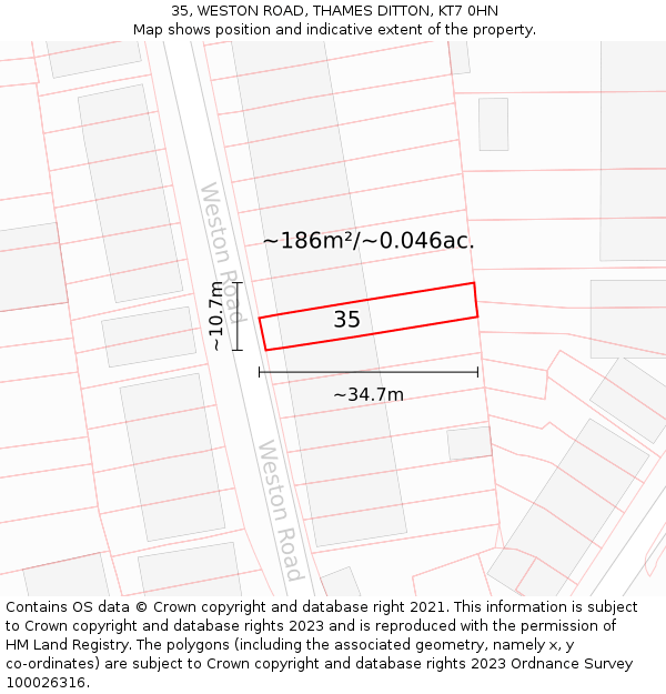 35, WESTON ROAD, THAMES DITTON, KT7 0HN: Plot and title map