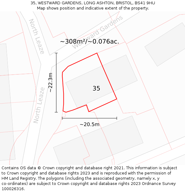 35, WESTWARD GARDENS, LONG ASHTON, BRISTOL, BS41 9HU: Plot and title map