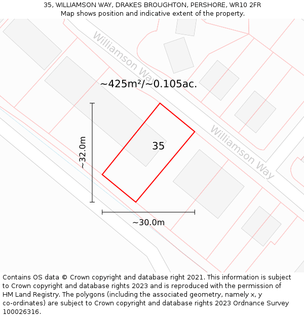 35, WILLIAMSON WAY, DRAKES BROUGHTON, PERSHORE, WR10 2FR: Plot and title map